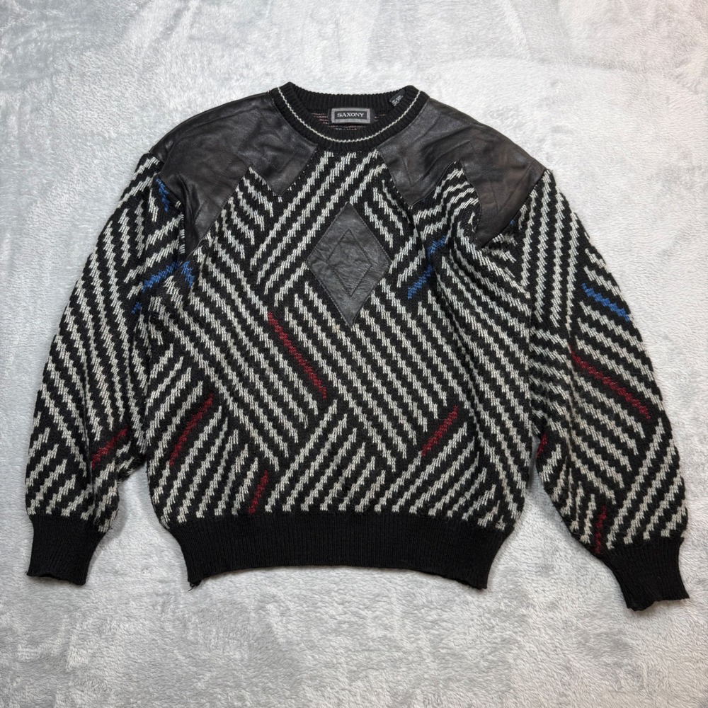 Vintage Saxony Leather Patch Sweater Mens L Black Geometric Knit Pullover 80s